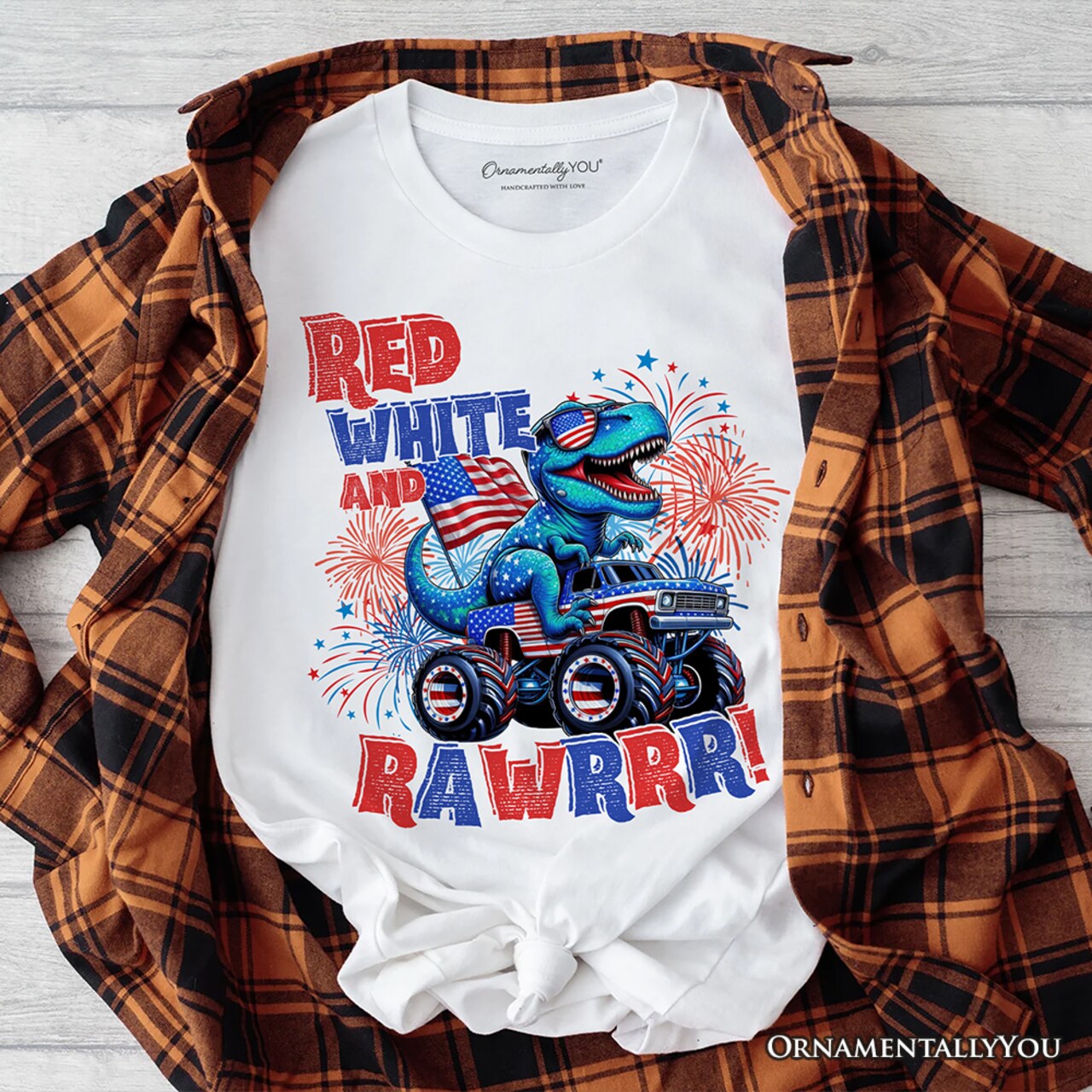 Patriotic Dinosaur Monster Truck T-Shirt, Red White and Rawrr 4th of July Tee